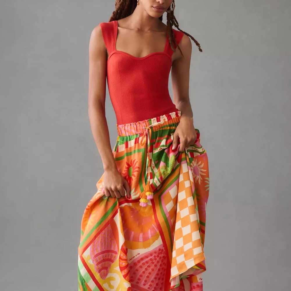 Farm Rio Anthropologie Vibrance Maxi Skirt Multicolor Patchwork XXS Tassel Boho